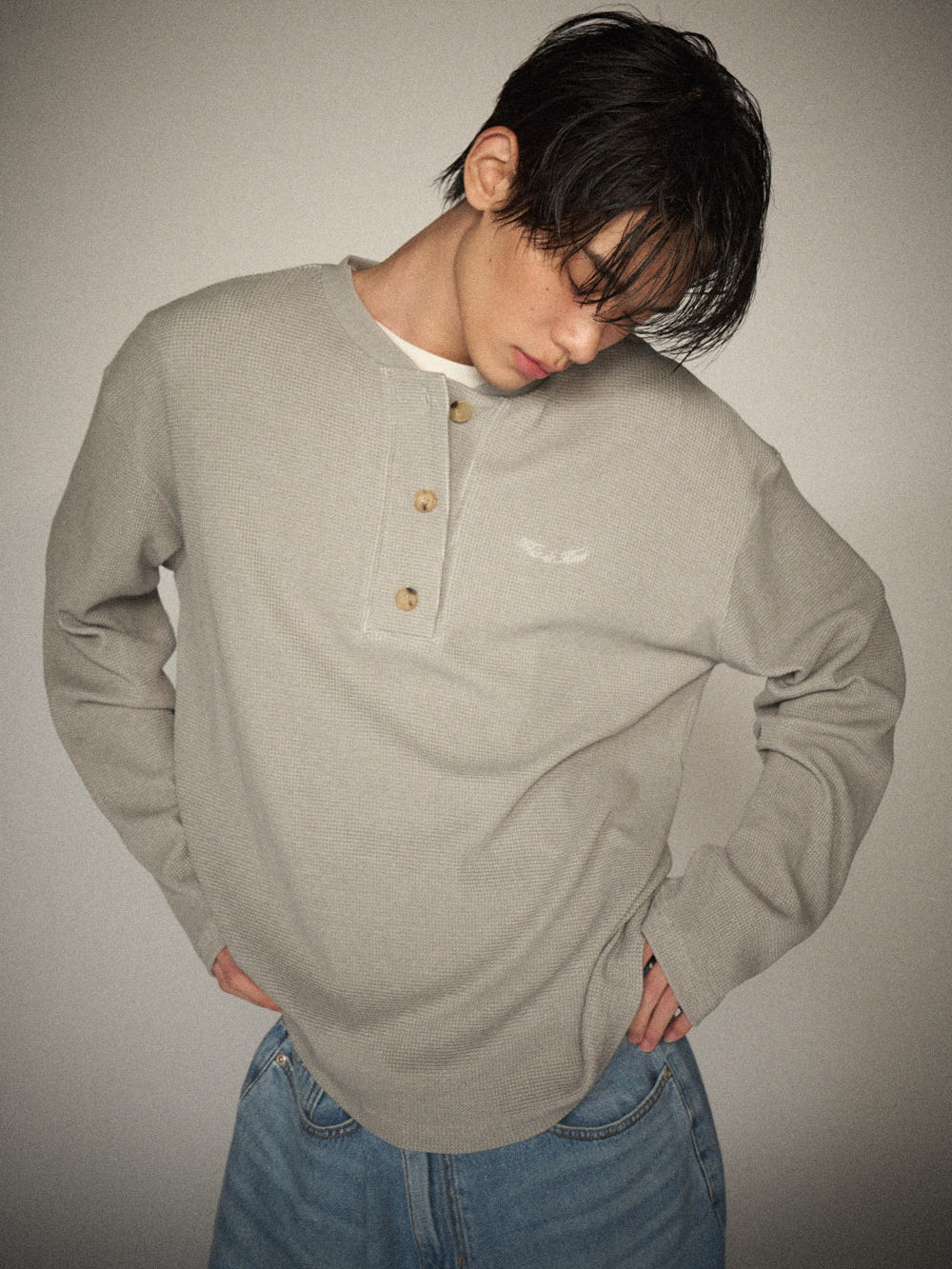 Henley Neck Waffle LS Tee