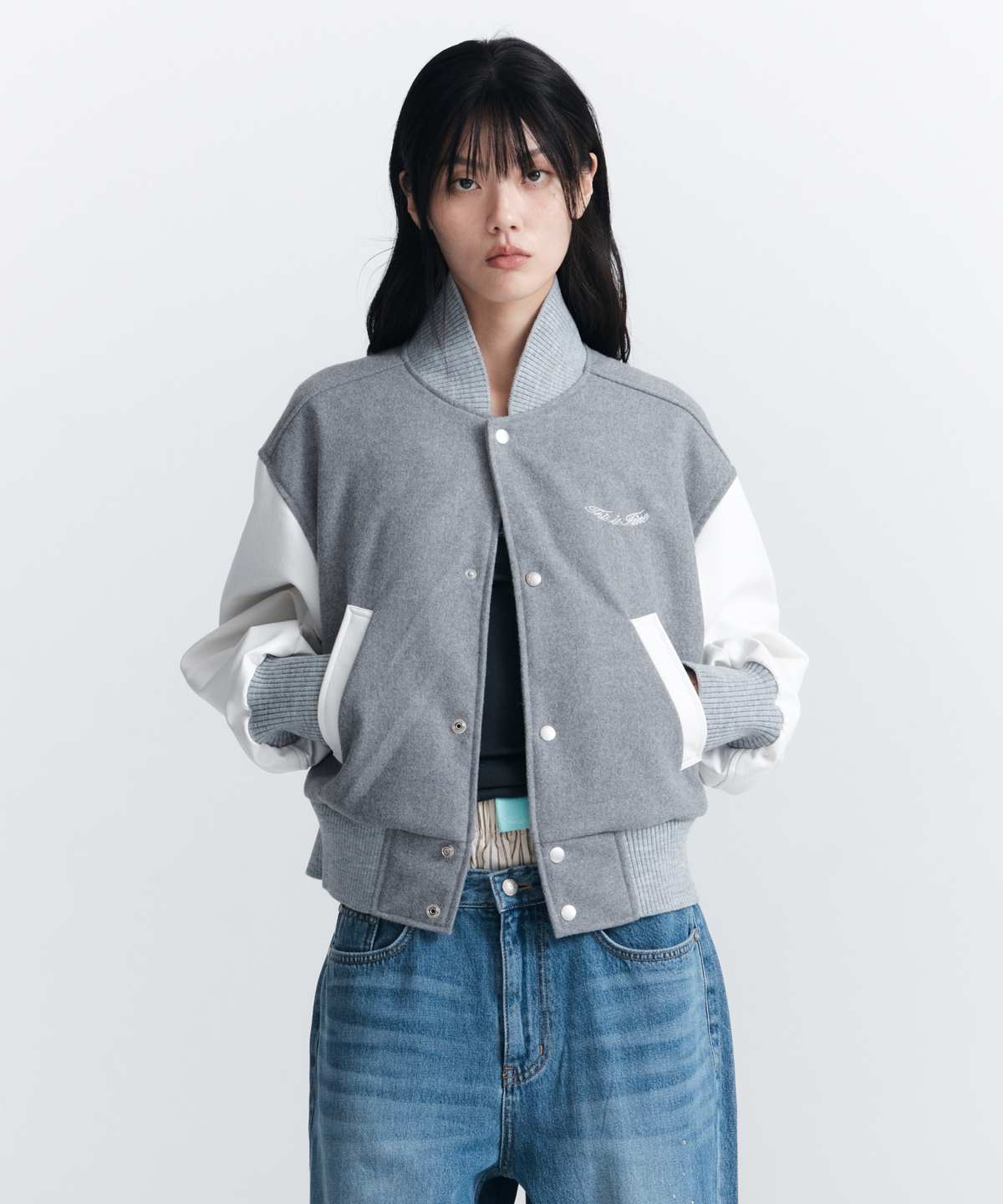 THIS IS FINE THISISFINE Cropped Varsity Jacket Gray — Cropped varsity jacket Seoul Made Fine Casual (3)