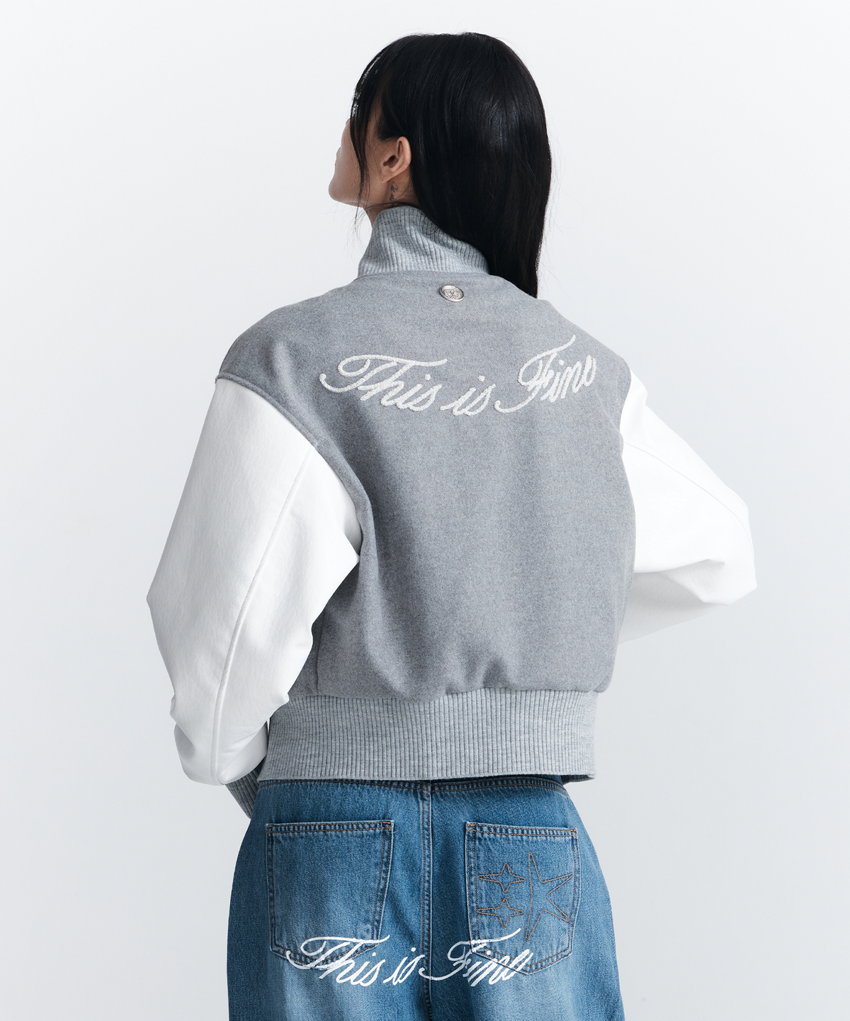 THIS IS FINE This Is Fine short varsity jacket gray — Cropped varsity jacket, Seoul-made, Fine Casual (2)