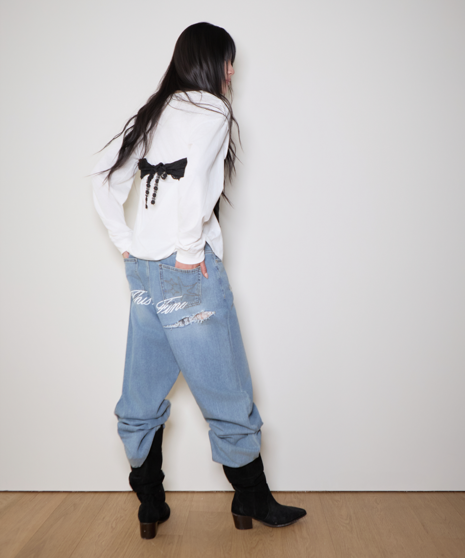 디스트레스드 로고 진 빈티지블루
