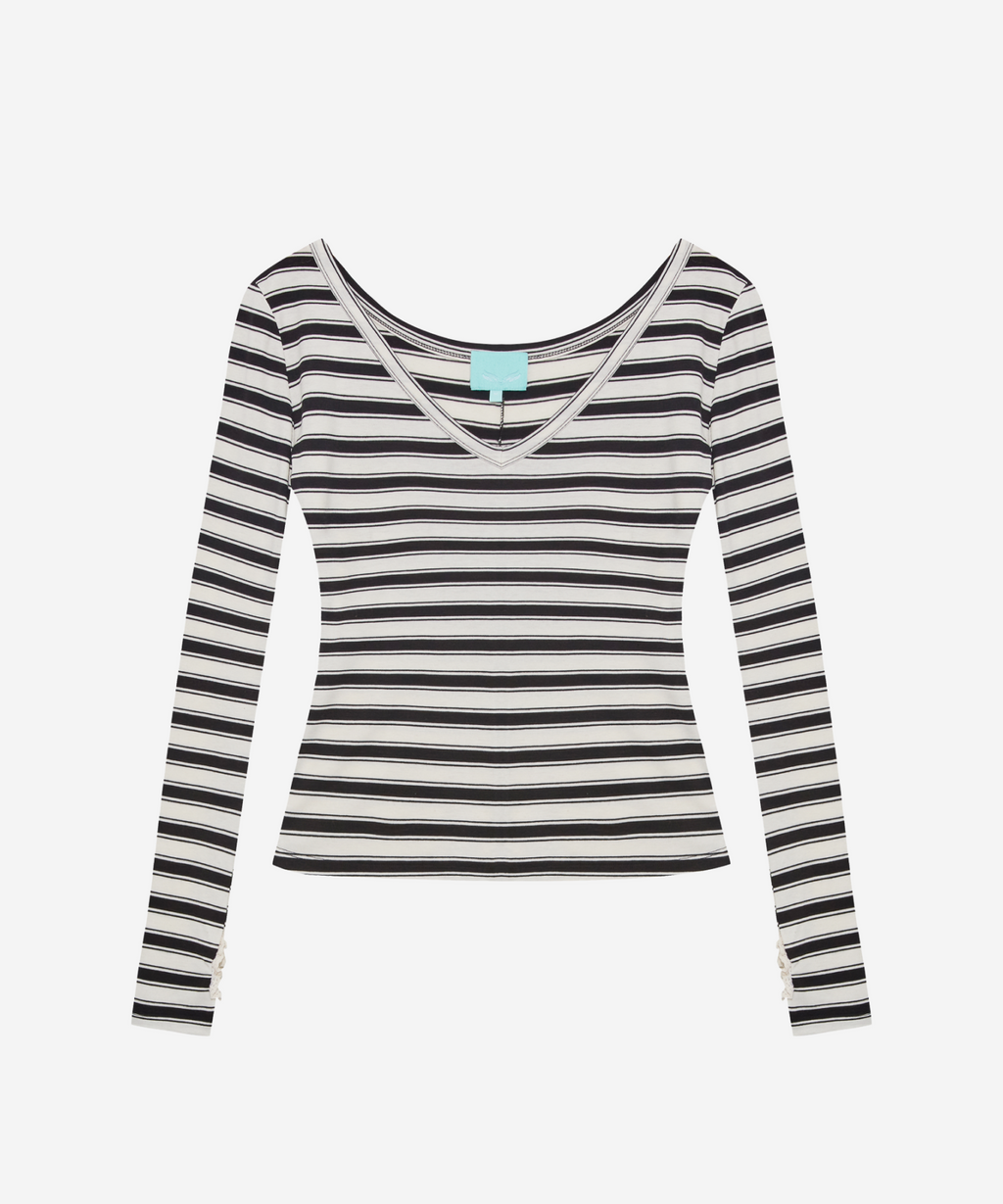 THIS IS FINE 디스이즈파인 슬림 브이넥 스트라이프 티 블랙 — Slim V-neck striped tee Seoul Made Fine Casual (2)