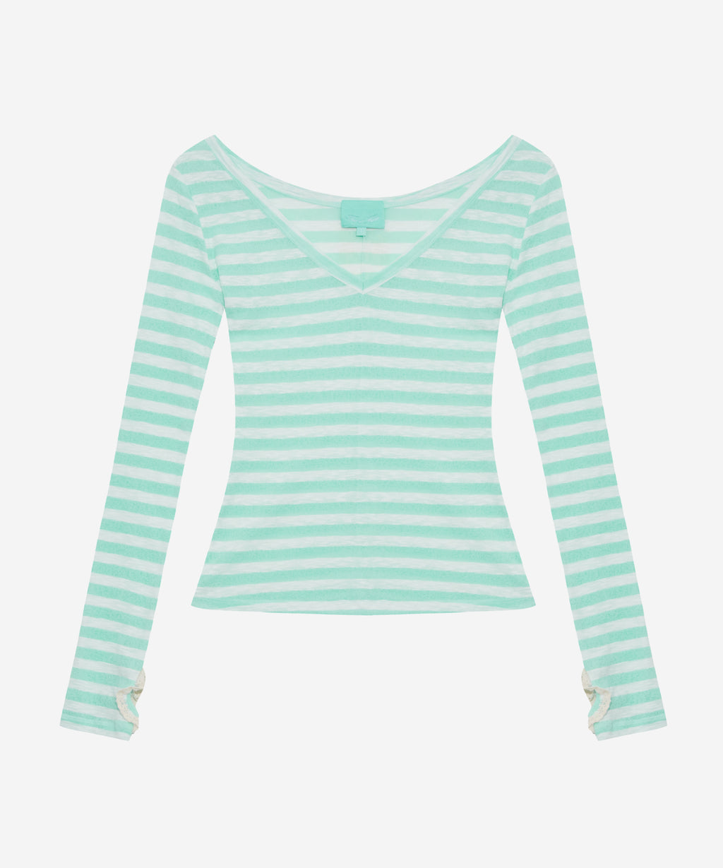 THIS IS FINE 디스이즈파인 슬림 브이넥 스트라이프 티 민트 — Slim V-neck striped tee Seoul Made Fine Casual (2)