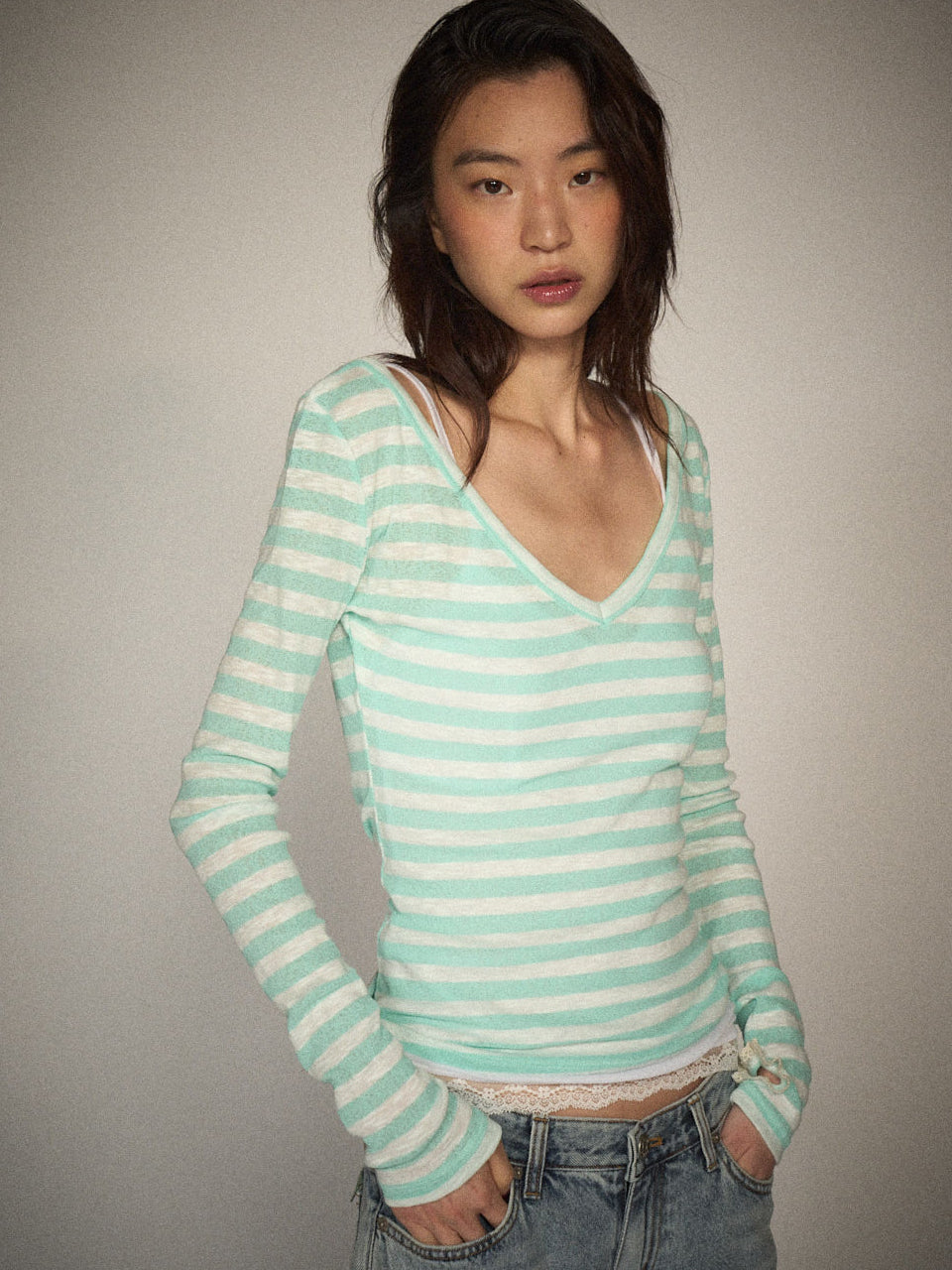 Slim V-neck Stripe Tee
