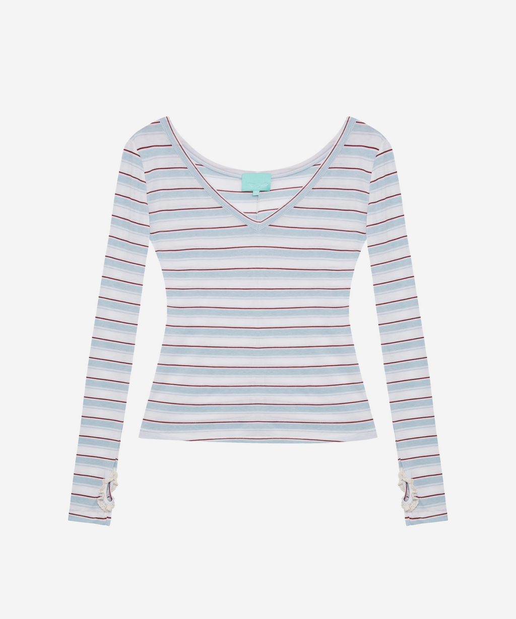 スリムVネックストライプTシャツ スカイ
