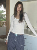 THIS IS FINE 디스이즈파인 슬림 브이넥 스트라이프 티 화이트 — Slim V-neck striped tee Seoul Made Fine Casual (1)
