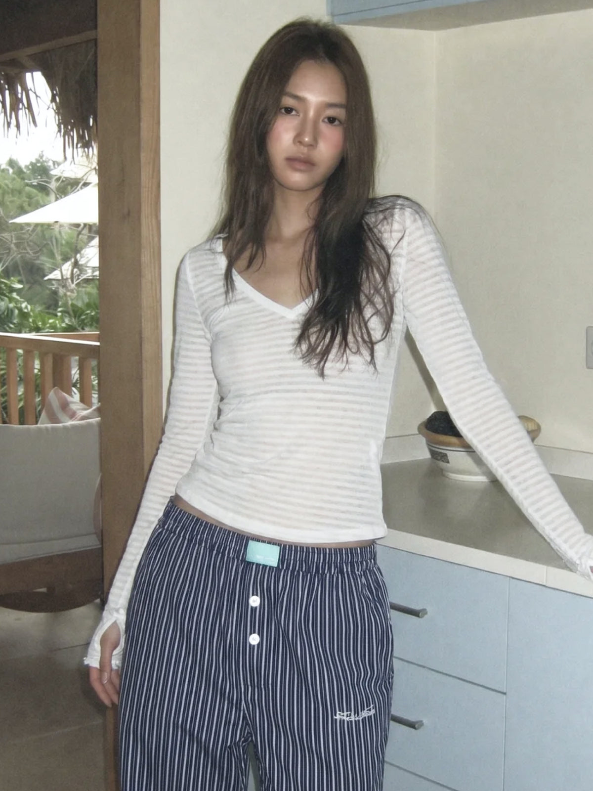 Slim V-neck Stripe Tee